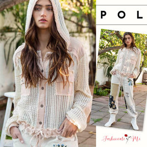 POL Open Knit Button Down Pocket Hooded Shirt Top in Cream